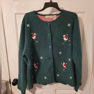 🦋 Vintage Stephanie Rogers green Chistmas Fleece Coat Size XL